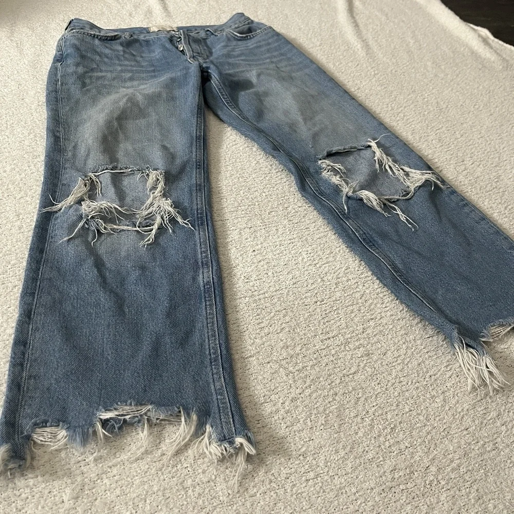 We The Free Jeans Women 28 Blue Distressed Straight Leg High Rise Button Fly Raw